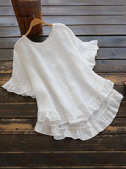 Solid Button Back Ruffled Trim Blouse