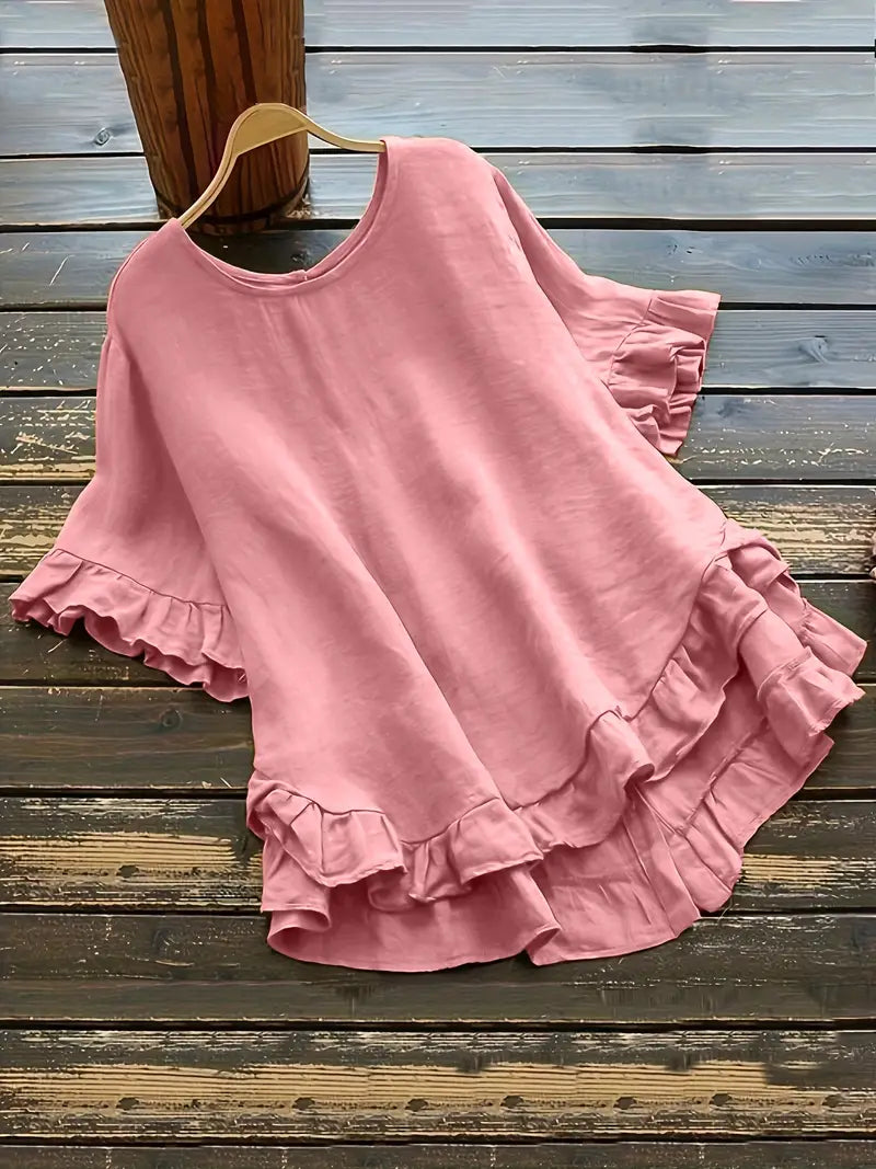 Solid Button Back Ruffled Trim Blouse